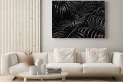 Obraz: Jungle leaves black and white wallpaper background pattern