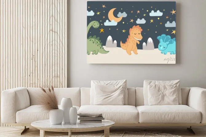 Obraz: Kid nursery mural wallpaper with sleeping dinosaurs, nights and