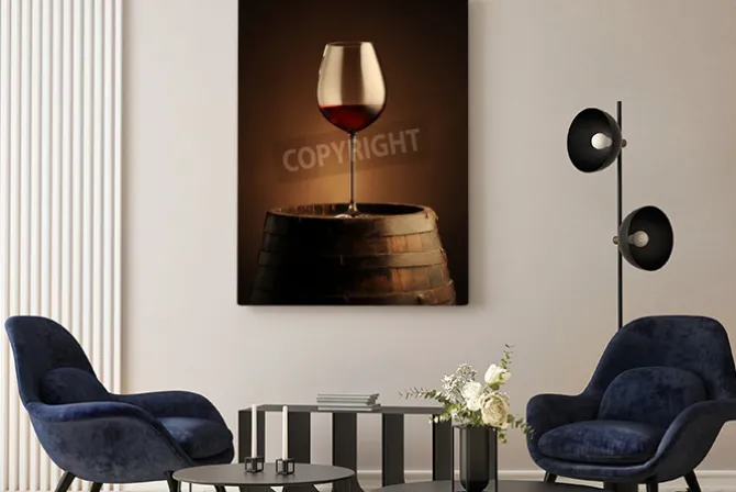 Obraz: Kieliszek czerwonego trunku na beczce
