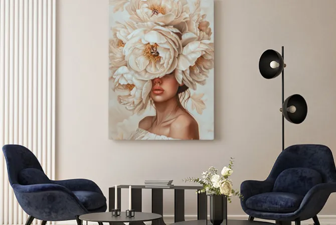 Obraz: Kobieta i białe kwiaty piwonie abstrakcja