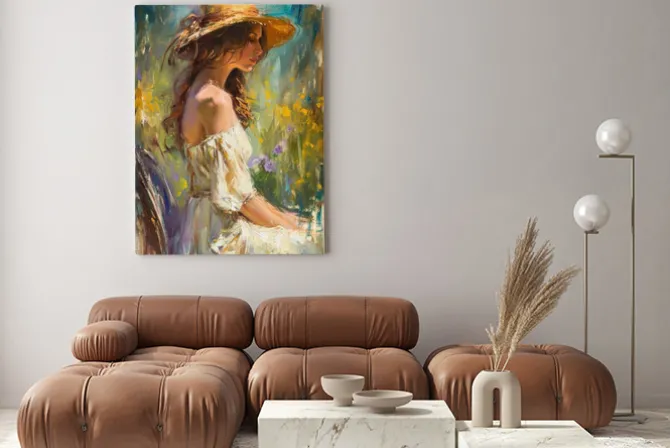 Obraz: Kobieta na łące z kwiatami w stylu olejnym