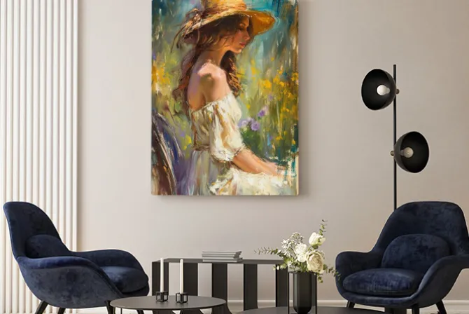 Obraz: Kobieta na łące z kwiatami w stylu olejnym