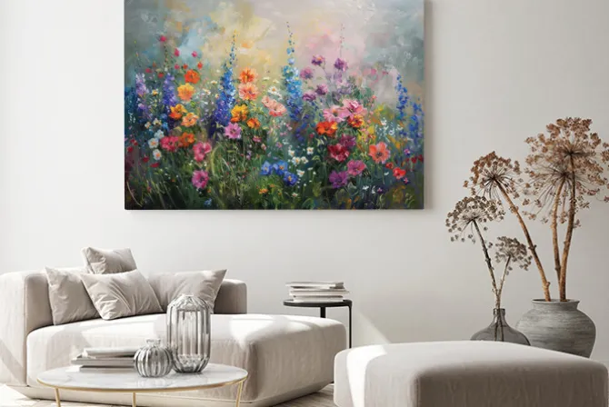 Obraz: Kolorowe wiosenne kwiaty na łące malowniczy krajobraz