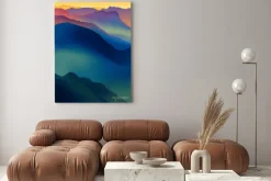 Obraz: Krajobraz z kolorowych gór na zachodzie lub świcie.