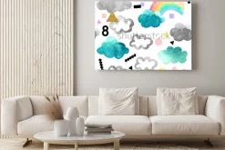 Obraz: Śliczne chmury akwarela z elementami tęczy i złoto świecidełka.