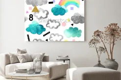 Obraz: Śliczne chmury akwarela z elementami tęczy i złoto świecidełka.