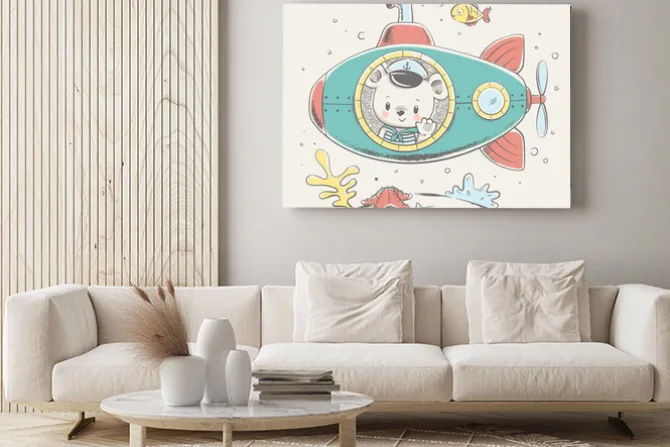 Obraz: Śliczny niedźwiadkowy żeglarz na podwodnej kreskówce wręcza patroszoną