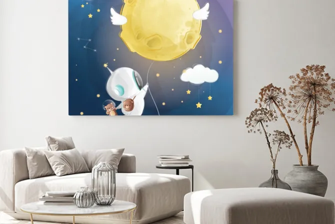 Obraz: Little astronaut boy flying with moon baloon