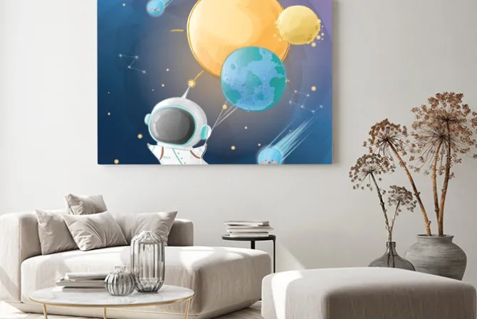 Obraz: Little astronaut flying with planet baloons