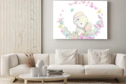 Obraz: Little elephant, surrounded by butterflies, plants, sits. watercolor