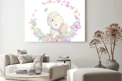 Obraz: Little elephant, surrounded by butterflies, plants, sits. watercolor