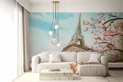 Obraz: Malowany kwiat wiśni na tle wieży eiffla