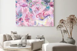 Obraz: Malowany wzór z flamingami i jednorożcami