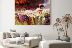 Obraz: Malunek w stylu olejnym nagiej kobiety na łóżku