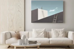 Obraz: Man rising stairs to reach the top of minimalist structure