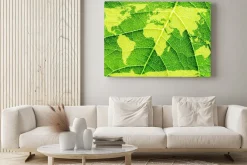 Obraz: Mapa świata, kontynenty w tle liścia.