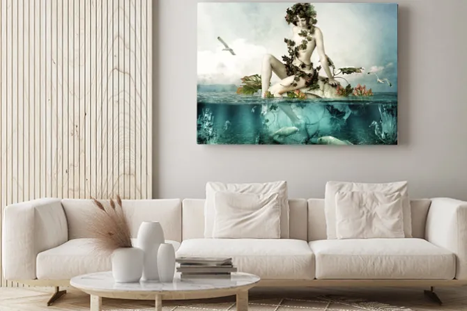 Obraz: Mermaid underwater beautiful woman seating on a shell in sea