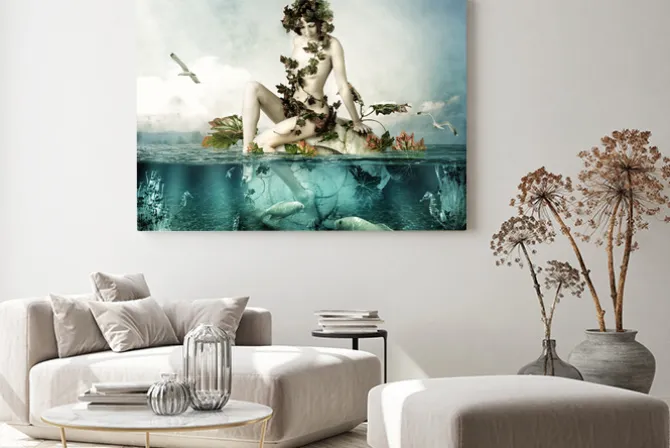 Obraz: Mermaid underwater beautiful woman seating on a shell in sea