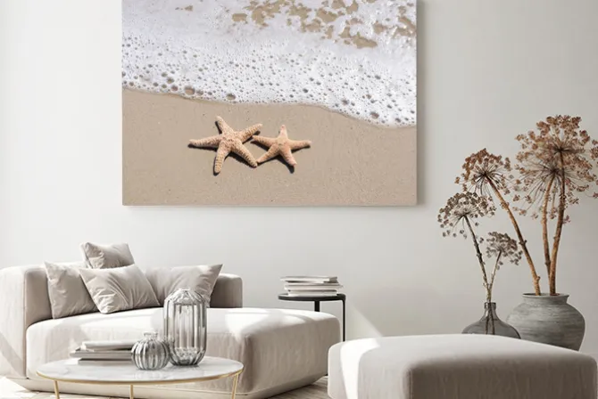 Obraz: Morska plaża z rozgwiazdami i morzem w tle