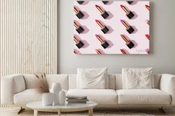 Obraz: Multi-color lipsticks, lip gloss on pink background. cosmetic