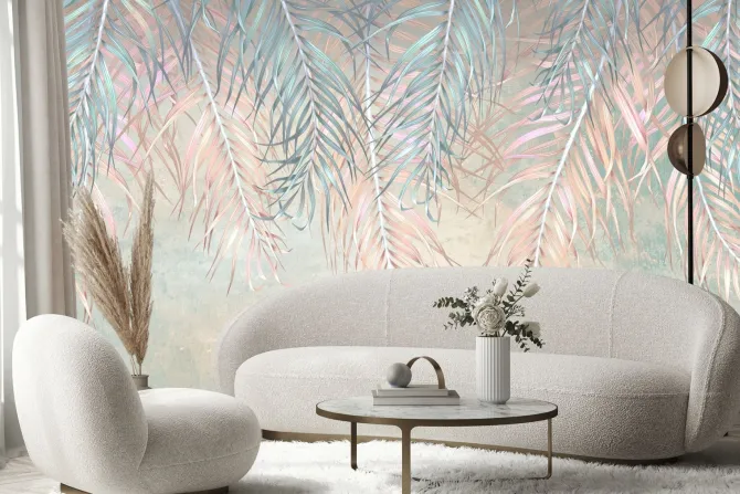 Obraz: Niebieskie i różowe liście palm