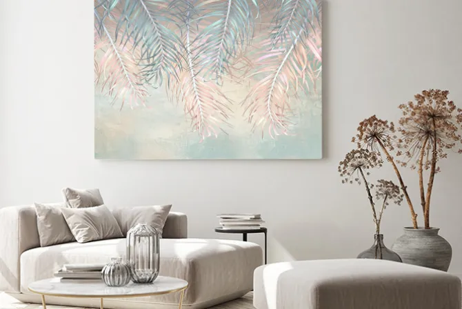 Obraz: Niebieskie i różowe liście palm