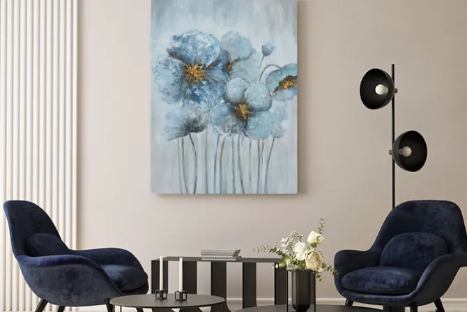 Obraz: Niebieskie kwiaty ze złotem malunek