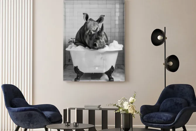 Obraz: Nosorożec w wannie surrealistyczna kompozycja