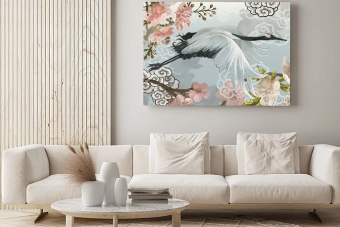 Obraz: Odlatujący żuraw na tle folkowych wzorów japońskich