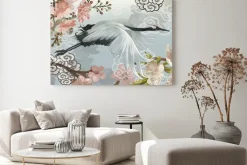 Obraz: Odlatujący żuraw na tle folkowych wzorów japońskich