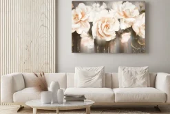 Obraz: Oil painting with flower rose, gold leaves. botanic print background