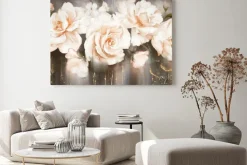 Obraz: Oil painting with flower rose, gold leaves. botanic print background