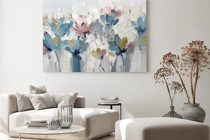Obraz: Olejne kwiaty w błękicie różu i bieli
