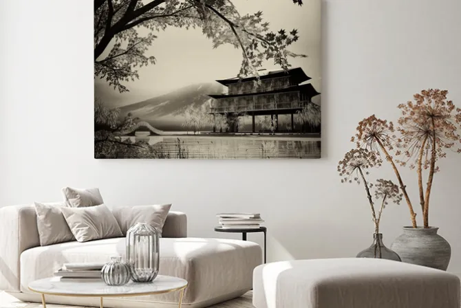 Obraz: Orientalny krajobraz stylizowany na malunek tuszem