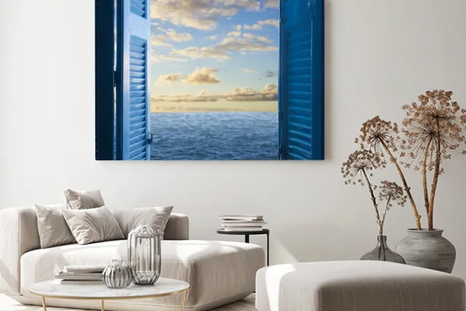 Obraz: Otwarte drzwi z widokiem na morską plażę