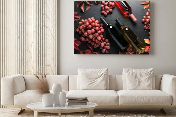 Obraz: Overhead view on assortment of wine bottles lying down on a dark