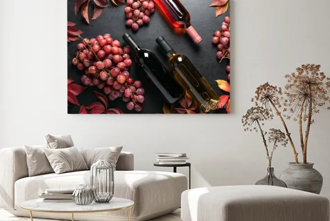Obraz: Overhead view on assortment of wine bottles lying down on a dark