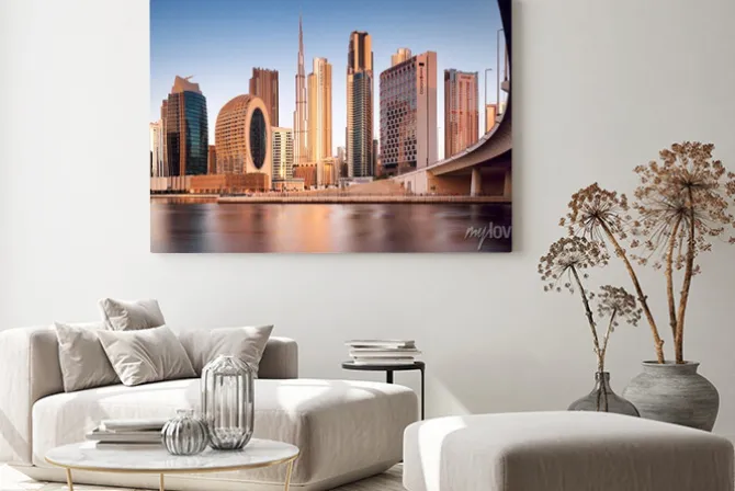 Obraz: Panoramic view of dubai creek and sunrise city skyline, united