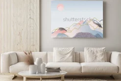 Obraz: Pastelowe góry i słońce w stylu minimalistycznej akwareli