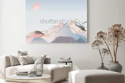 Obraz: Pastelowe góry i słońce w stylu minimalistycznej akwareli