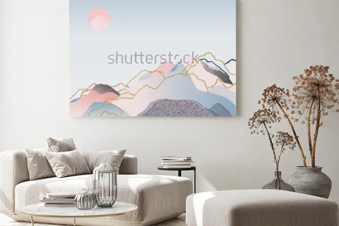 Obraz: Pastelowe góry i słońce w stylu minimalistycznej akwareli