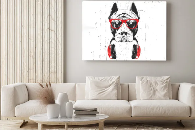 Obraz: Pies w okularach przeciwsłonecznych z słuchawkami