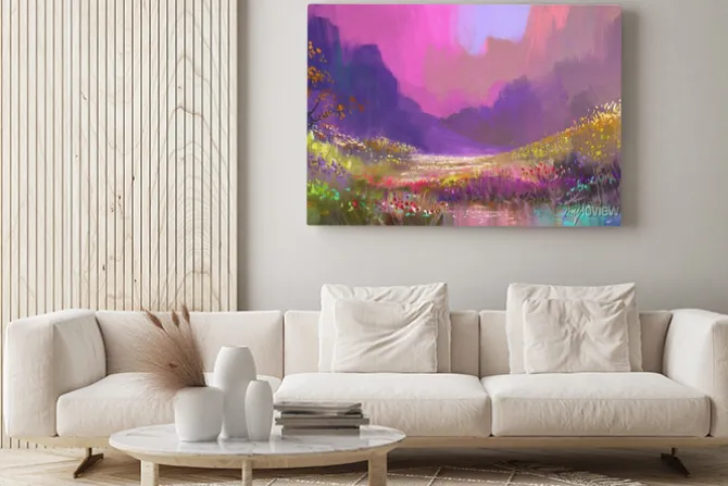 Obraz: Piękny krajobraz w górach z kolorowych kwiatów, cyfrowy obraz