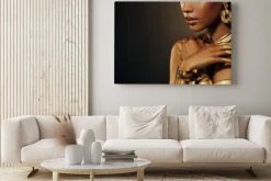 Obraz: Portrait closeup beauty fantasy african woman, face in gold paint.