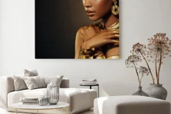 Obraz: Portrait closeup beauty fantasy african woman, face in gold paint.