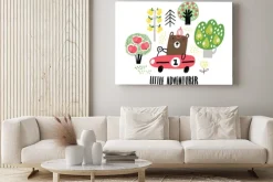 Obraz: Red car and cute bear driver vector illustration for print design.