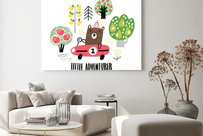 Obraz: Red car and cute bear driver vector illustration for print design.