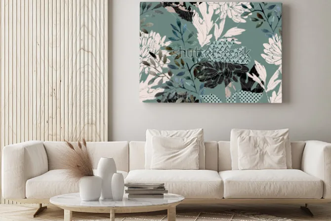 Obraz: Rośliny i figury geometryczne tworzące stonowany wzór