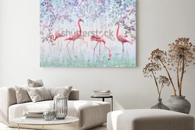Obraz: Różowe flamingi w ogrodzie
