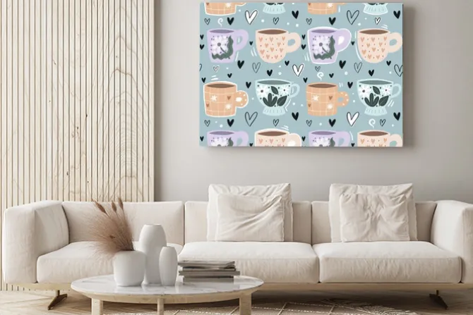 Obraz: Seamless pattern with cartoon cups, decor elements. hand drawing.